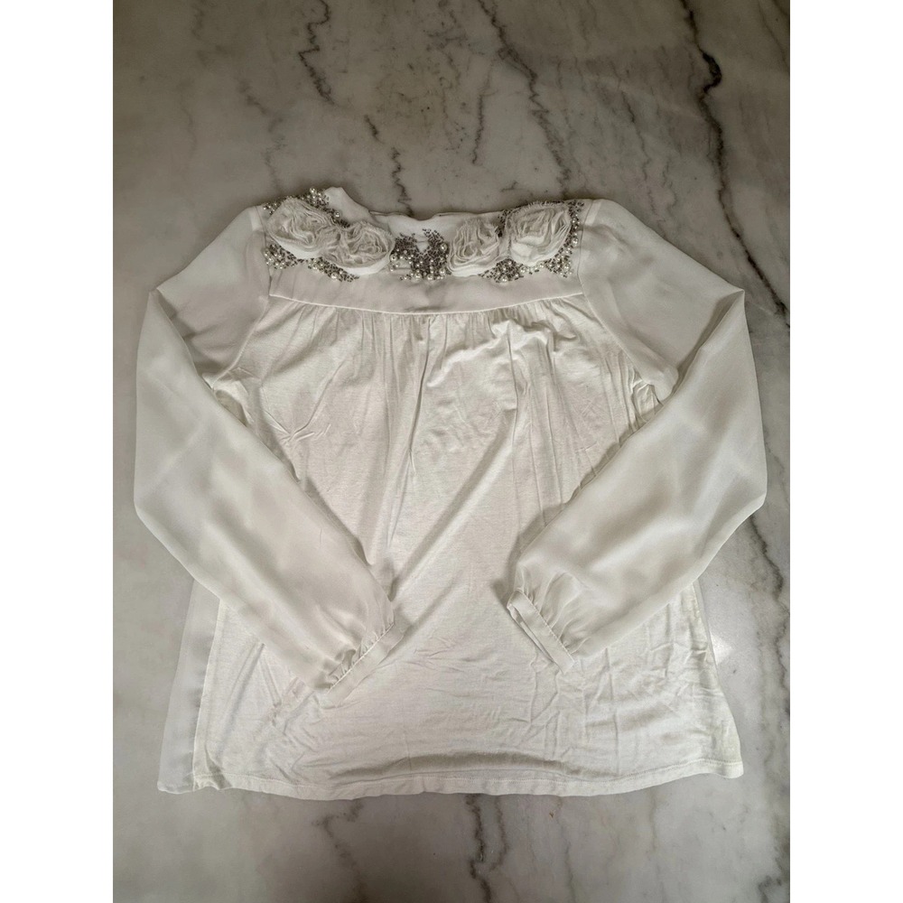 BKE Boutique Women's S Ivory Long Sleeve Blouse Embellished Sequined